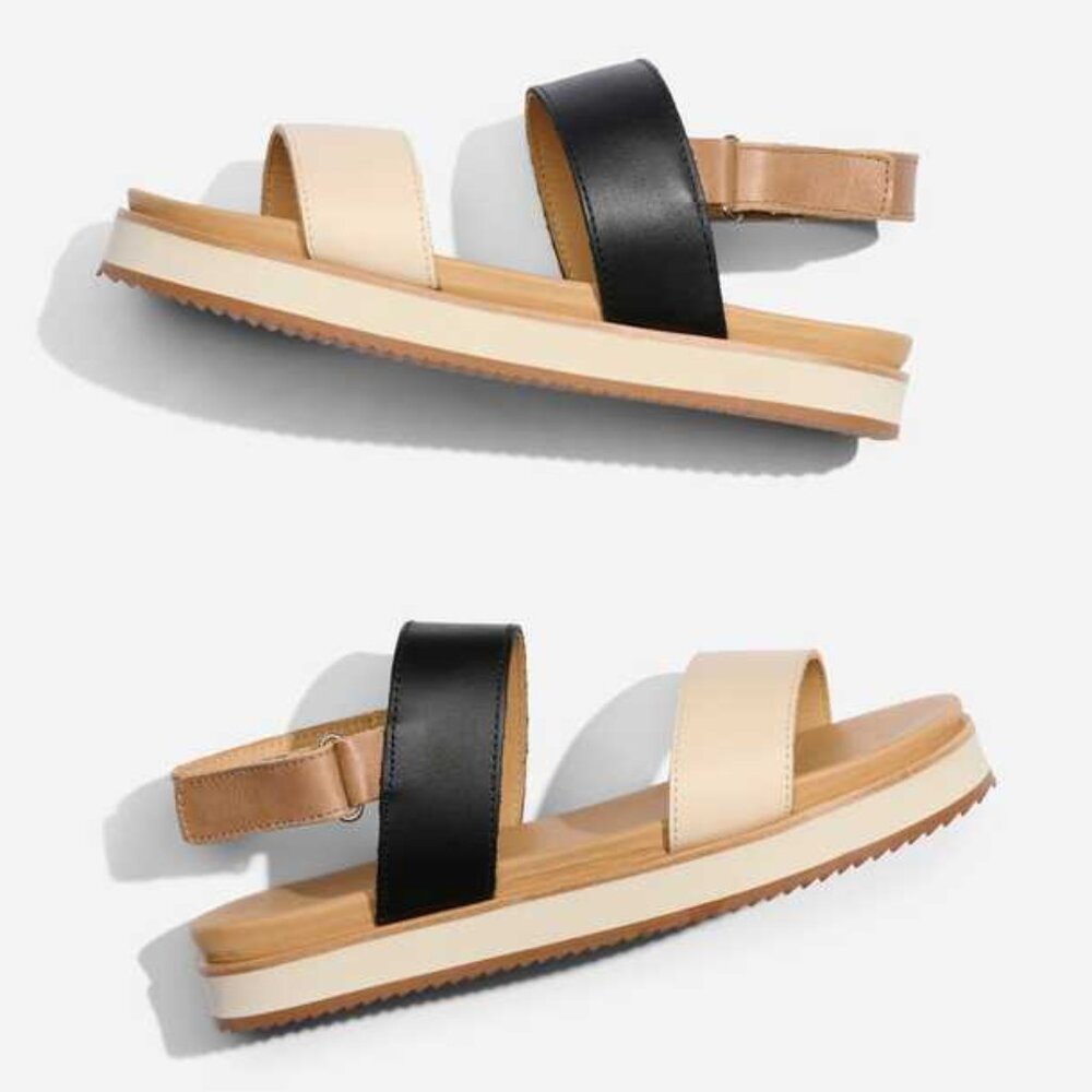 Nisolo Go-To Flatform Sandal in Bone/Black Colorblock, Size 9